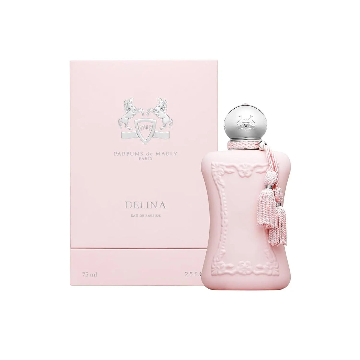 Elegant glass bottle of Parfums de Marly Delina Eau de Parfum for women, displayed against a neutral background