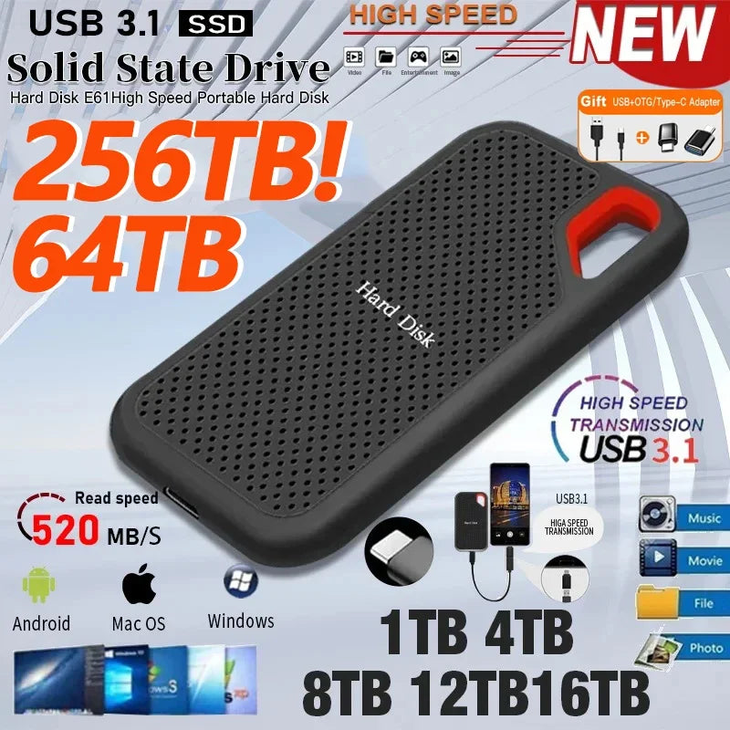 128TB External Hard Drive High Capacity Solid State Hard Drive 4TB Fast Transmission Storage Disk for Desktop MAC Phone