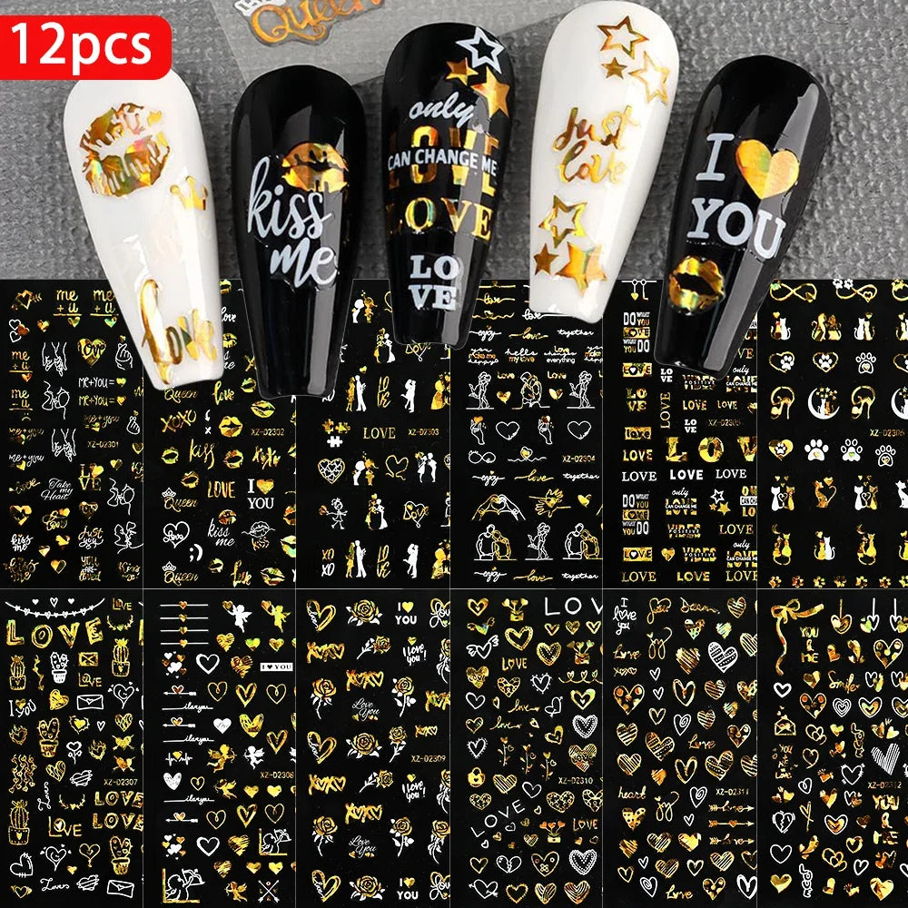 Set of 12 self-adhesive cartoon dog and cat nail art stickers by Blushimmer, featuring 3D graffiti-style black dog and cat designs.