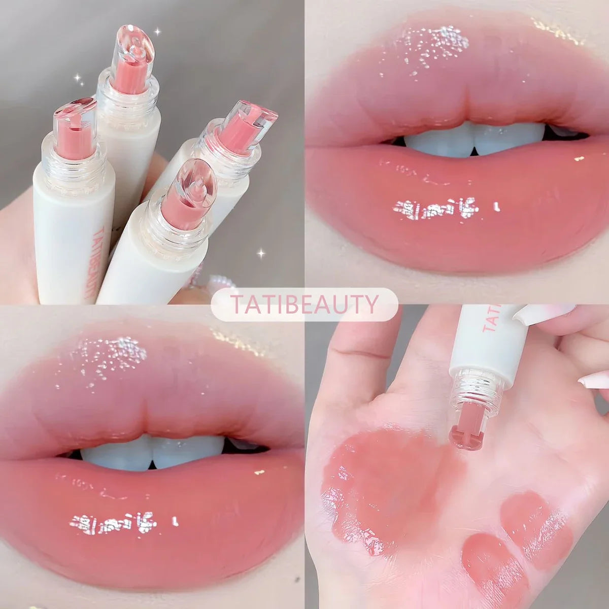 Blushimmer Tatibeauty Lip Jelly Essence Tender Pink hydrating lip gloss with a glossy finish, displayed in a sleek tube.