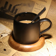 Nordic coffee shop frosted mug with spoon Tray Black coffee cup with wooden base Mark Drinkware mug Creative ceramic water cup