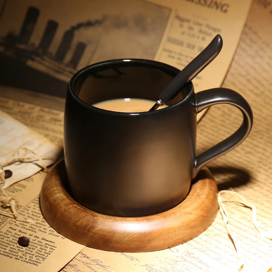 Nordic coffee shop frosted mug with spoon Tray Black coffee cup with wooden base Mark Drinkware mug Creative ceramic water cup