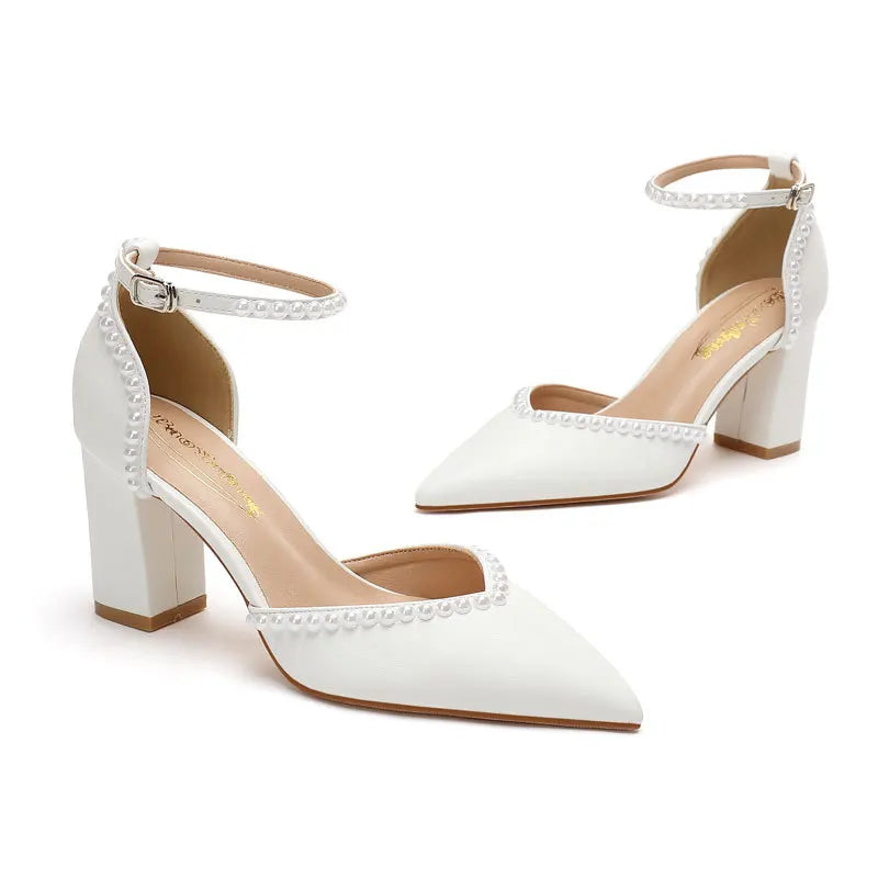 Elegant White Bridal Sandals Pointed Toe High Heels Hollow Out Pearl Embellished Wedding Shoes