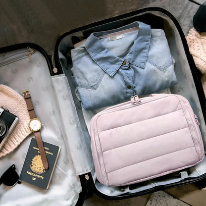 Large capacity waterproof cosmetic bag by Blushimmer, travel toiletries organizer with bathroom partition and shower makeup pouch.