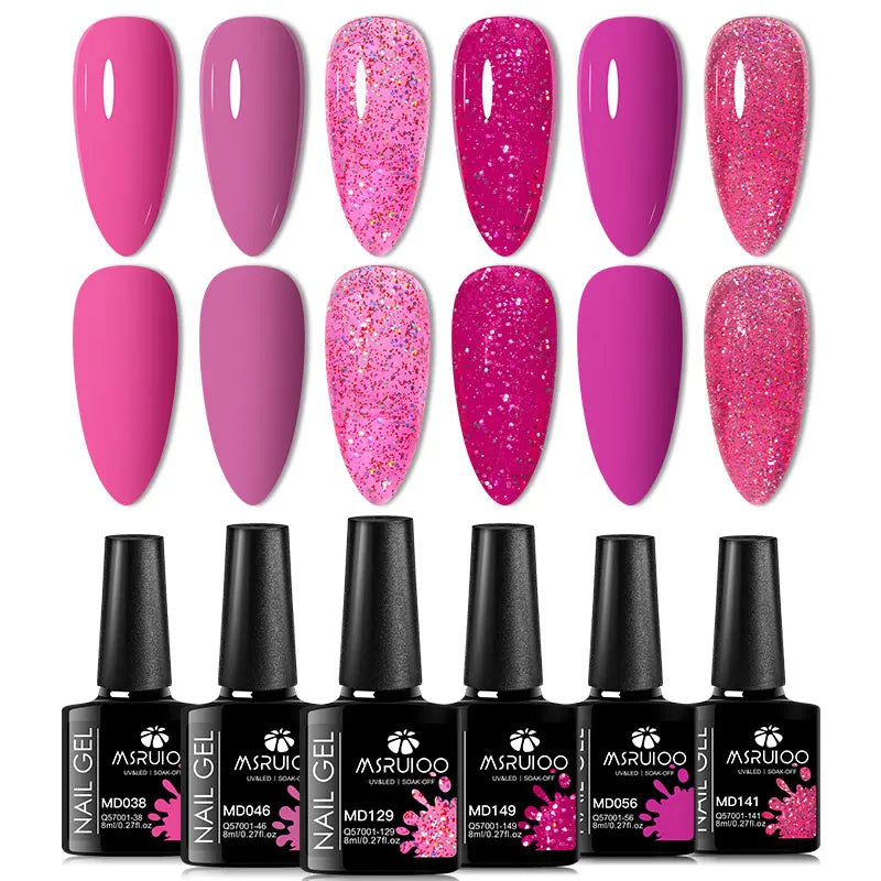 Blushimmer 6-piece nail gel polish set with vibrant, semi-permanent UV gel for all-season manicure and nail art.
