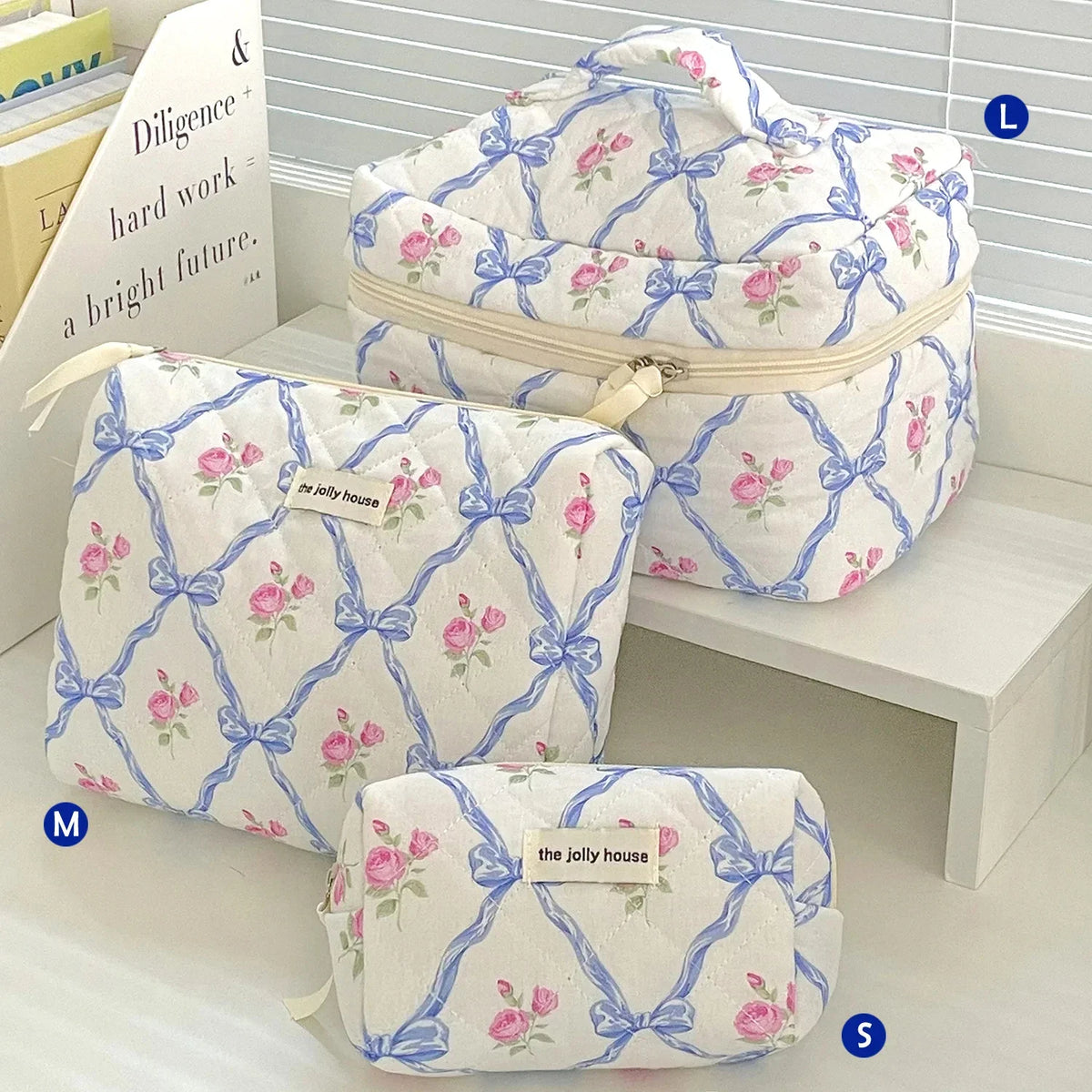 Cute quilted cotton makeup bag by Blushimmer with zipper, portable cosmetic organizer and cloth handbag for women and girls.