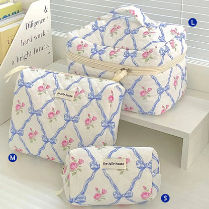 Cute quilted cotton makeup bag by Blushimmer with zipper, portable cosmetic organizer and cloth handbag for women and girls.