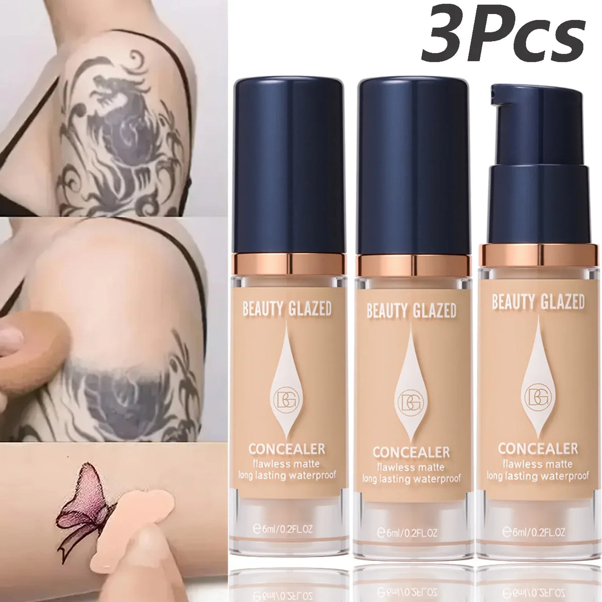 Blushimmer 3-piece full coverage concealer and foundation set with waterproof matte finish for dark spots and tattoos, travel size cosmetics