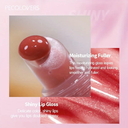 Blushimmer glitter lip gloss tube with moisturizing fruit lip oil, transparent tint, soft applicator for glossy, full-looking lips.