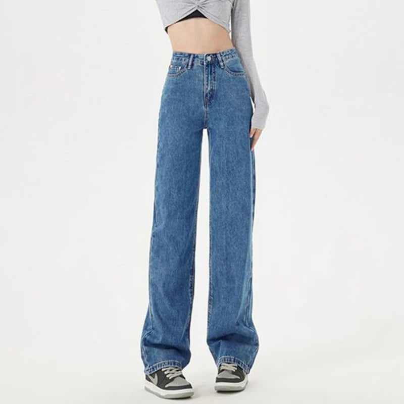 Lady Classic Daily High Waist Jeans Female Korean Solid Thin Pants Women Fashion Baggy Straight Leg Denim Trousers