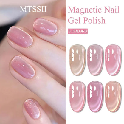 Shiny pink and colorful magnetic gel nail polish set with 7 bottles, magnetic rod, and UV soak-off gel from Blushimmer.