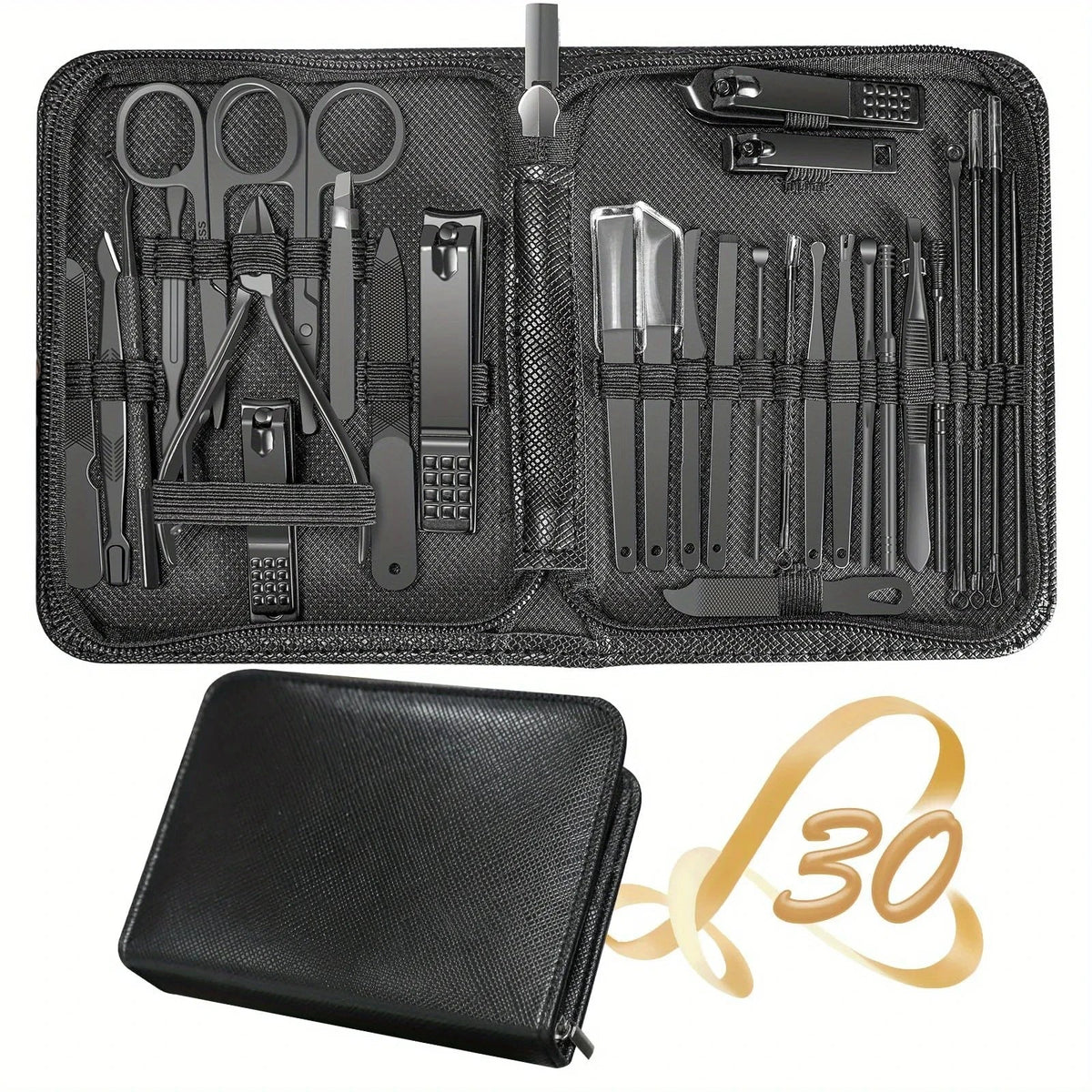 Blushimmer 30-in-1 manicure set with red toenail clippers and pedicure tools, featuring nail clippers, scissors, and grooming accessories.