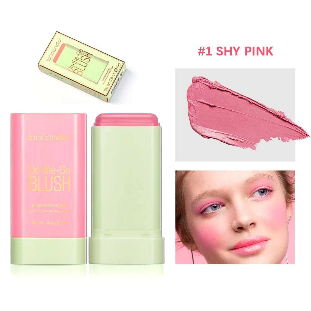 Blushimmer waterproof blush stick with brightening, high color payoff, creamy texture, and vibrant pink shade on skin.