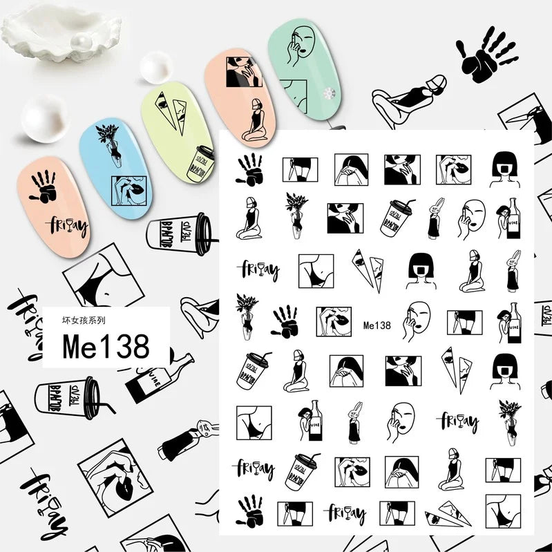 Black and white Blushimmer nail art stickers featuring sexy woman and girl designs for press-on, body, and nail decoration.