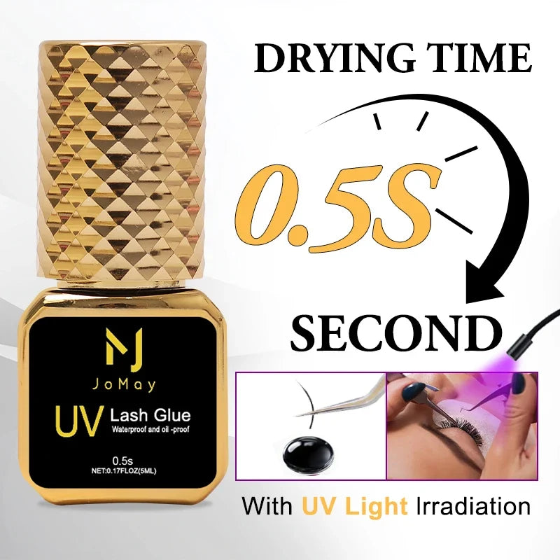 Blushimmer JOMAY 0.5Sec eyelash extension glue in black, fast-drying UV lash adhesive with lash remover for professional eyelash extensions.