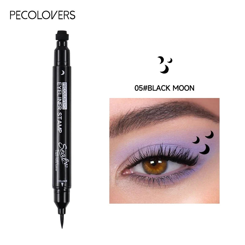 Black waterproof 2-in-1 star and moon stamp liquid eyeliner by Blushimmer, showing the eyeliner pen and stamped star and moon designs.