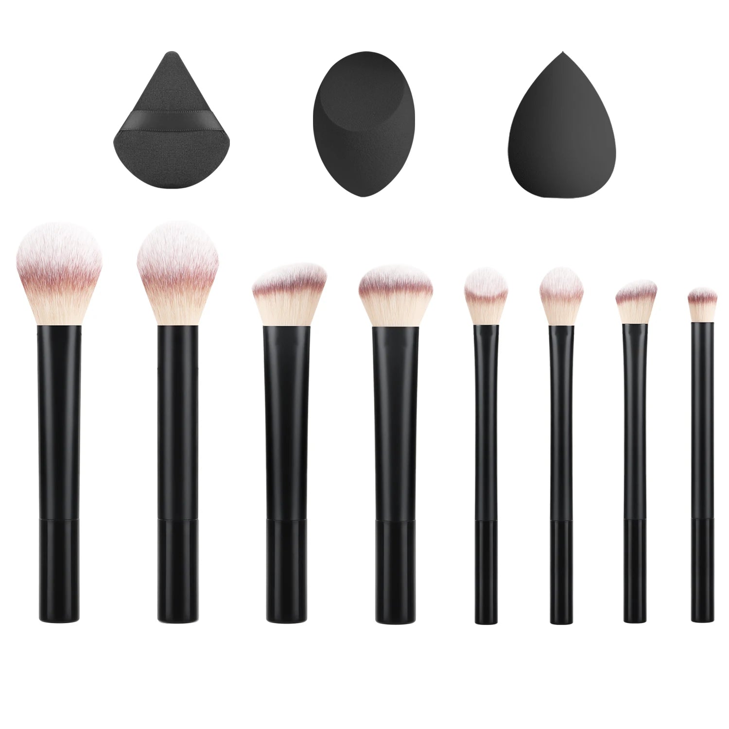  8Pcs Black Long Tube Light Bristle Face Eye Brush Set + 2 Beauty Sponges 1 Puff, Powder/Blush/Eyeshadow Brush
