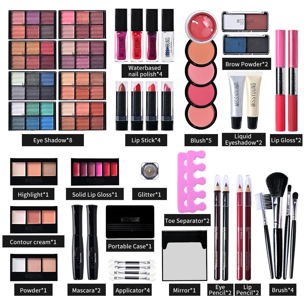 Blushimmer makeup gift set for women with face powder, eyeshadow palette, lipsticks, highlighter, bronzer, and makeup brushes