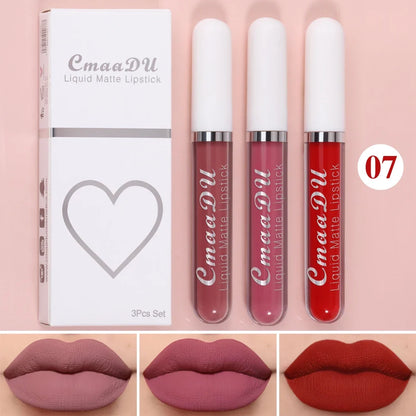 Blushimmer 3-piece matte lipstick and lip gloss set with long-lasting, waterproof, non-fading formulas in elegant packaging.