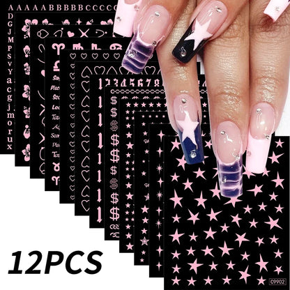 Set of 12 colorful cartoon dog and cat nail art stickers by Blushimmer, featuring 3D graffiti-style designs on self-adhesive decals.