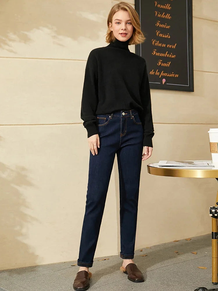 AMII Minimalism Jeans Women 2025 Winter Warm Slim Fashion Casual Trousers Cotton Slight Strech Ankle-Length Pants 12514004