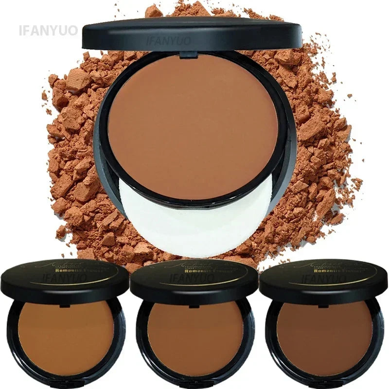 Blushimmer wheat bronzing powder palette with matte finish, concealer, foundation, contour shades, powder puff, and mirror for dark skin.