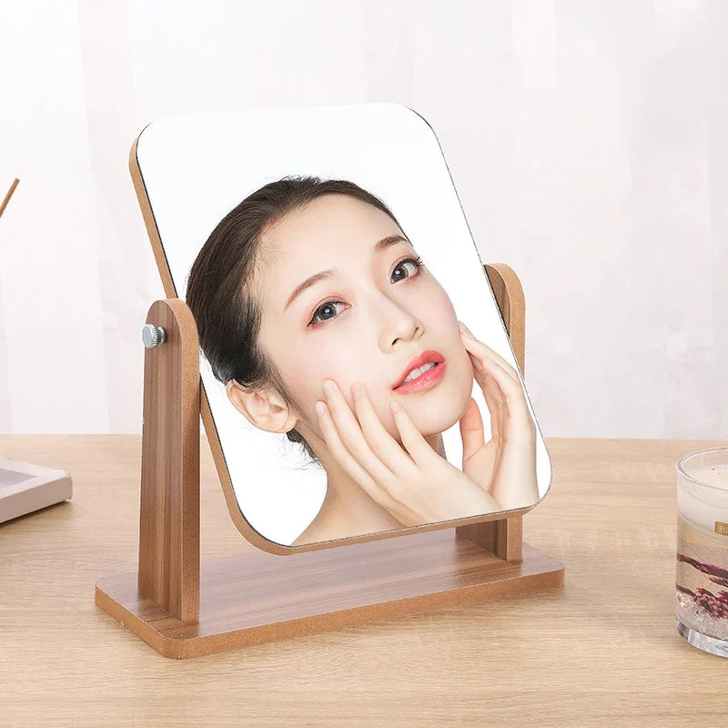 Blushimmer dresser vanity makeup mirror with wood stand, 360-degree rotating compact cosmetic mirror for countertop use