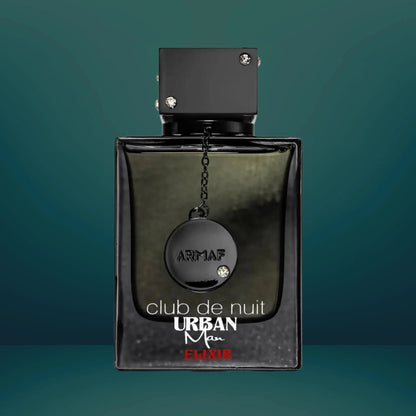 Armaf Club De Nuit Urban Man Elixir EDP 105ml perfume bottle with bold woody amber scent, long-lasting unisex fragrance.