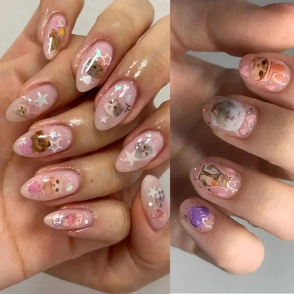 Cute 3D Korean cartoon nail art stickers featuring dogs, cats, bunnies, and stars, by Blushimmer for adorable pet-themed manicures.