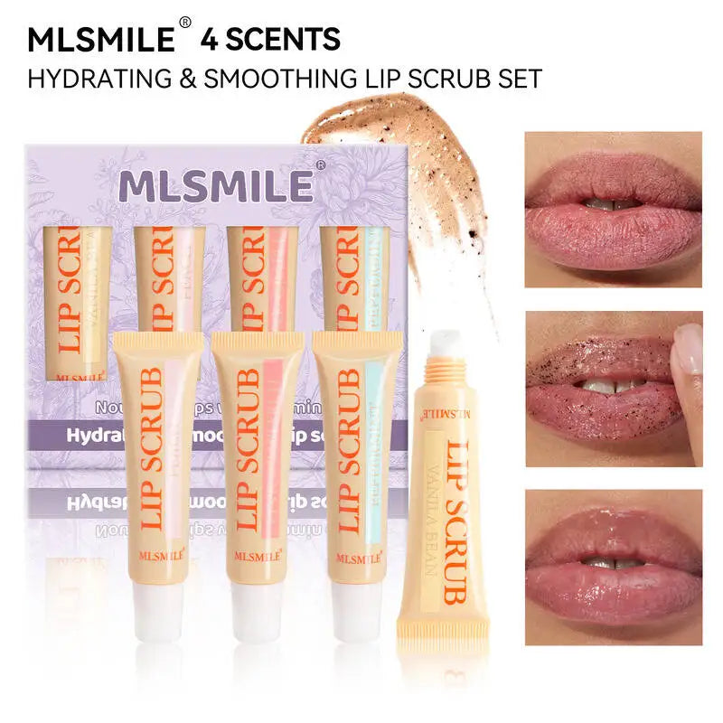 Blushimmer MLSMILE Scrub Set with exfoliating dead skin lightening lines lip balm in a 4-pack, featuring skincare products in containers.