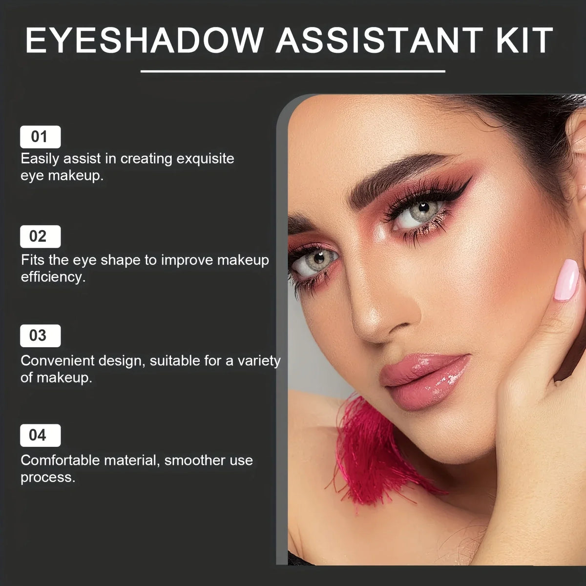 Blushimmer eye makeup assistant with two eyeshadow brushes, tools, templates, and molds for precise eyeshadow application