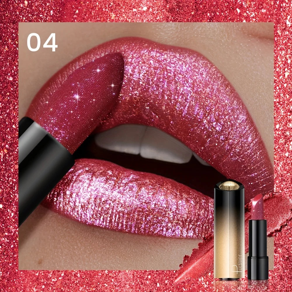Blushimmer metallic shimmer lipstick with pearly glitter shine, creamy texture, and high color payoff for smooth party makeup application.