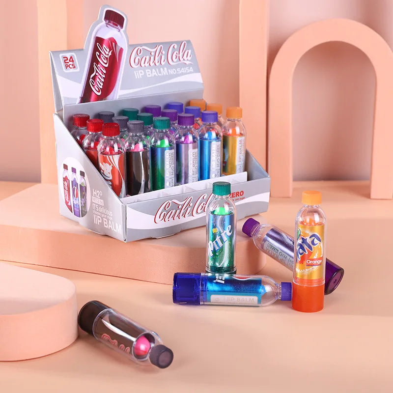 Blushimmer 24-pack of moisturizing, color-changing lip balms with soda flavors, cute kawaii design for girls' lips makeup.
