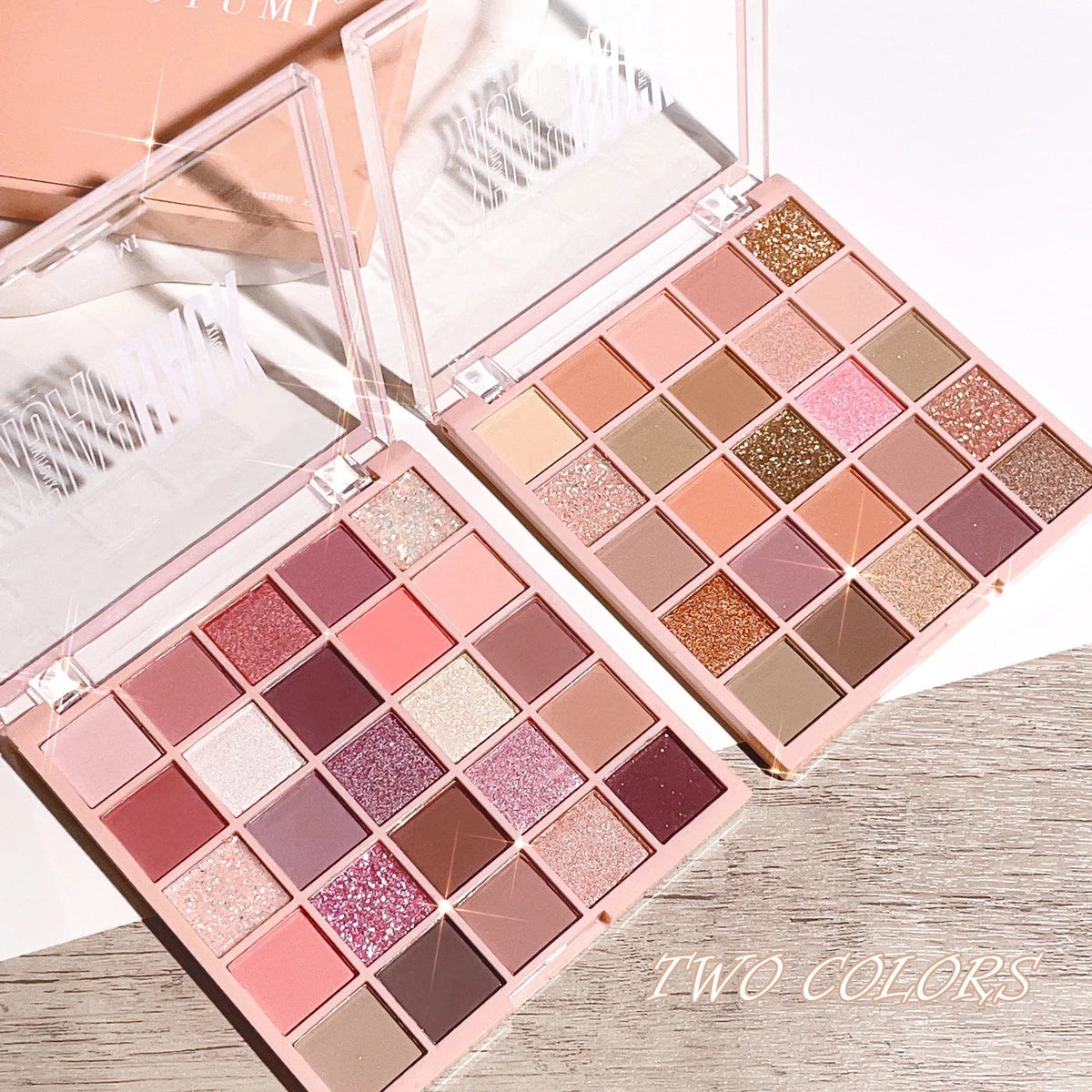 Blushimmer 25-color eye shadow tray featuring gentle orange-brown shades, sparkling powder, pearl sequins, and oatmeal milk tea tones.