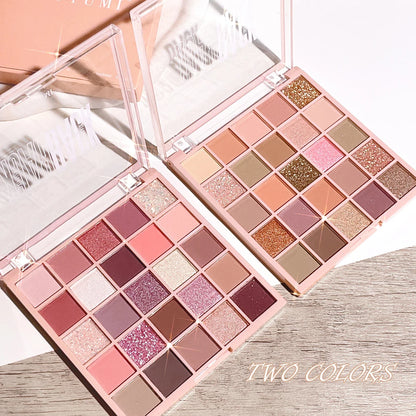 Blushimmer 25-color eye shadow tray with oatmeal milk tea shades, sparkling powder, pearl sequins, gentle orange brown tones.