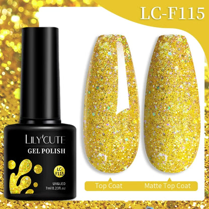 Colorful Lilcyute 7ml gel nail polish bottles in various shades, long-lasting semi-permanent UV gel varnish for manicures.