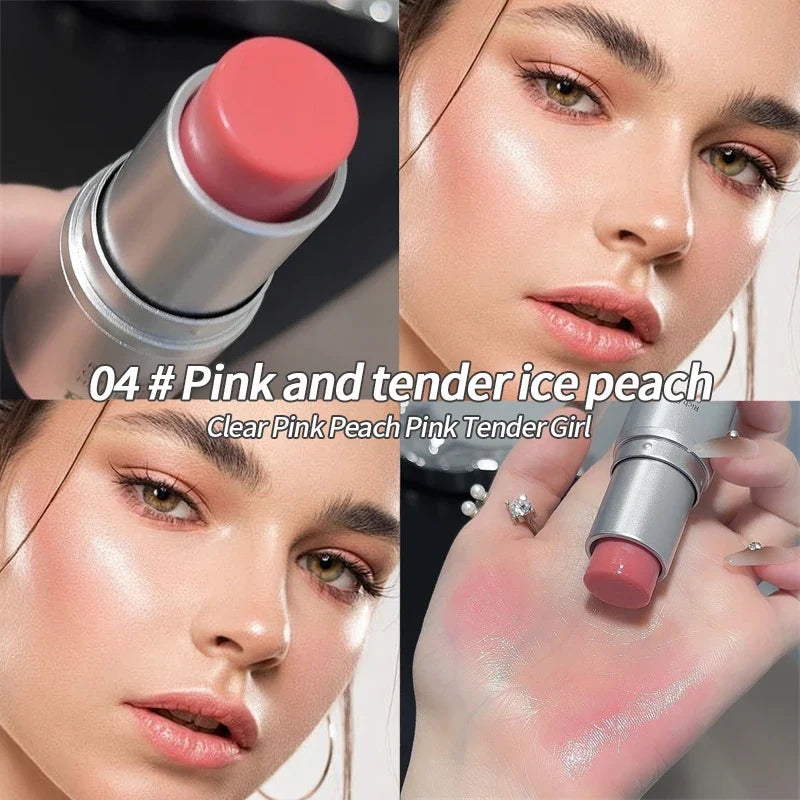 Blushimmer highlighter stick with pearlescent finish for brightening and contouring eyes, creating a natural, radiant glow.