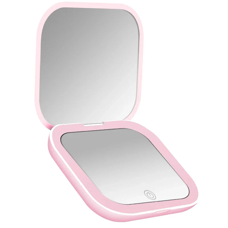 Blushimmer compact LED travel mirror with folding design, 1X/2X magnification, small handheld makeup mirror for purse or gift use