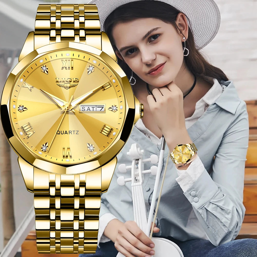 LIGE fashion quartz waterproof wristwatch for women with casual, sports, and military style, featuring a sleek design and durable construction.