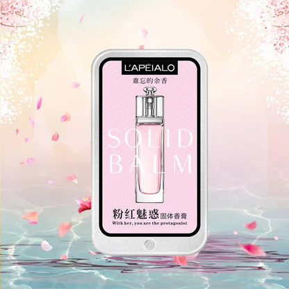 Blushimmer woman body pheromone perfume solid balm in a portable light fragrance balm container.