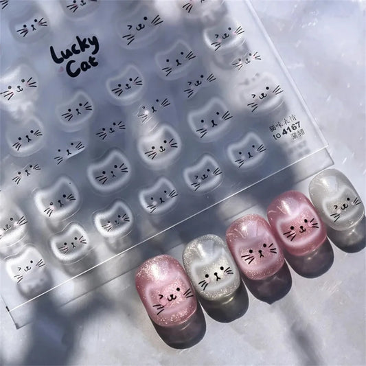 White Halo Dyeing Cat Face Cup with black, orange, and love heart motifs, featuring embossed relief nail art stickers by Blushimmer.
