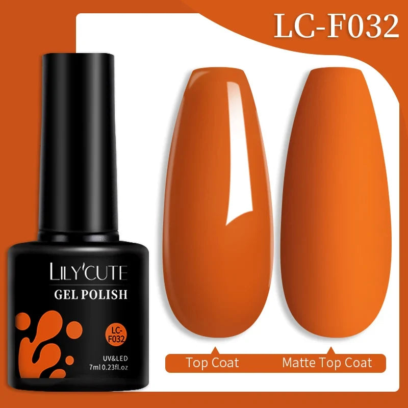 Colorful LilYCUTE 7ml gel nail polish bottles in various shades, featuring long-lasting semi-permanent UV gel varnish for manicure art.