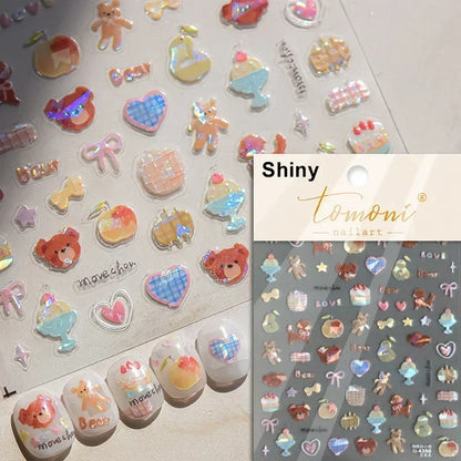 Colorful Cat's Eye 5D Gradient European Love Heart gem nail art stickers with wing and geometric designs for manicure decoration.