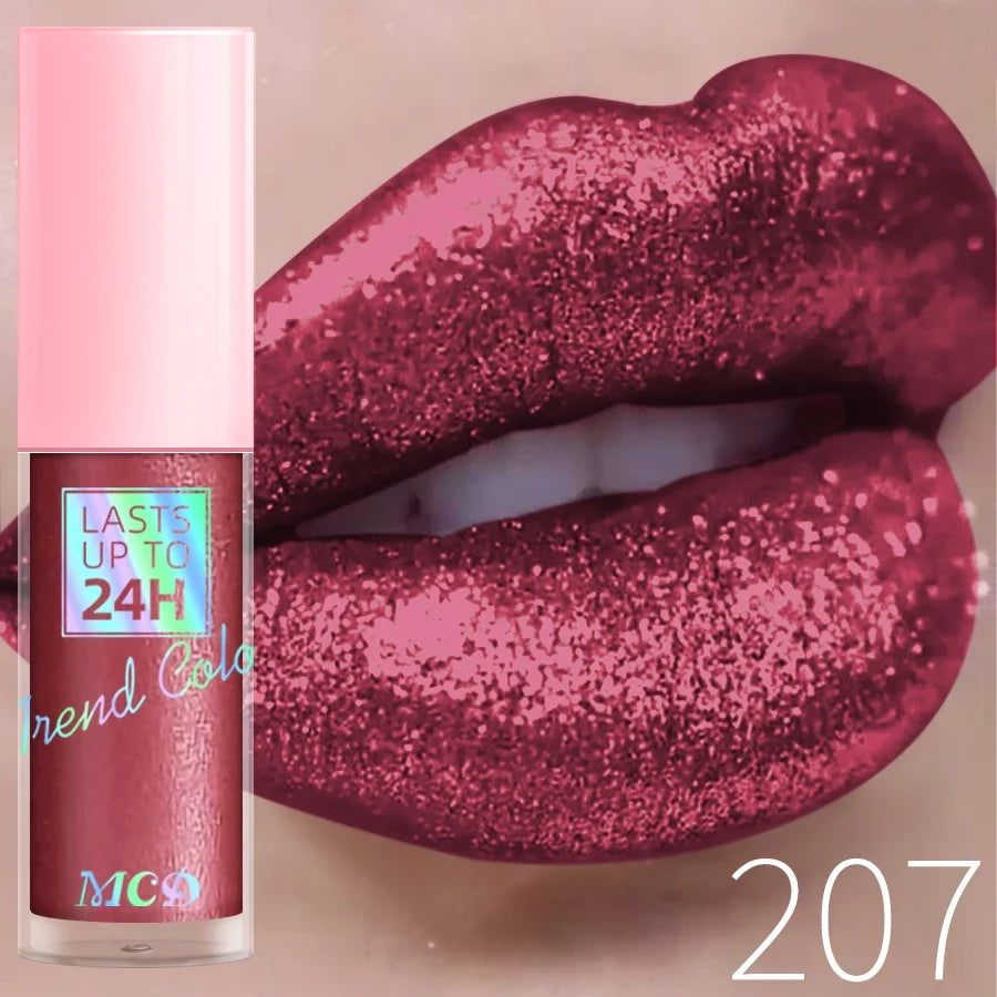 Blushimmer 18-color glitter lip gloss with long-lasting, waterproof liquid formula and pearl shine for sparkling lip color.