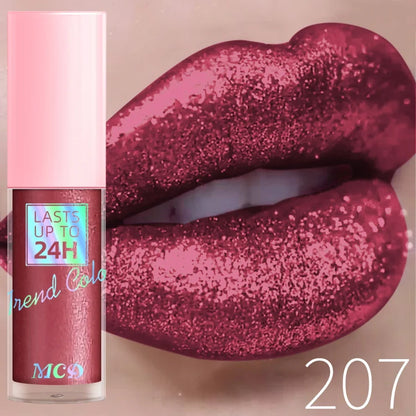 Blushimmer 18-color glitter lip gloss with long-lasting, waterproof liquid formula and pearl shine for sparkling lip color.