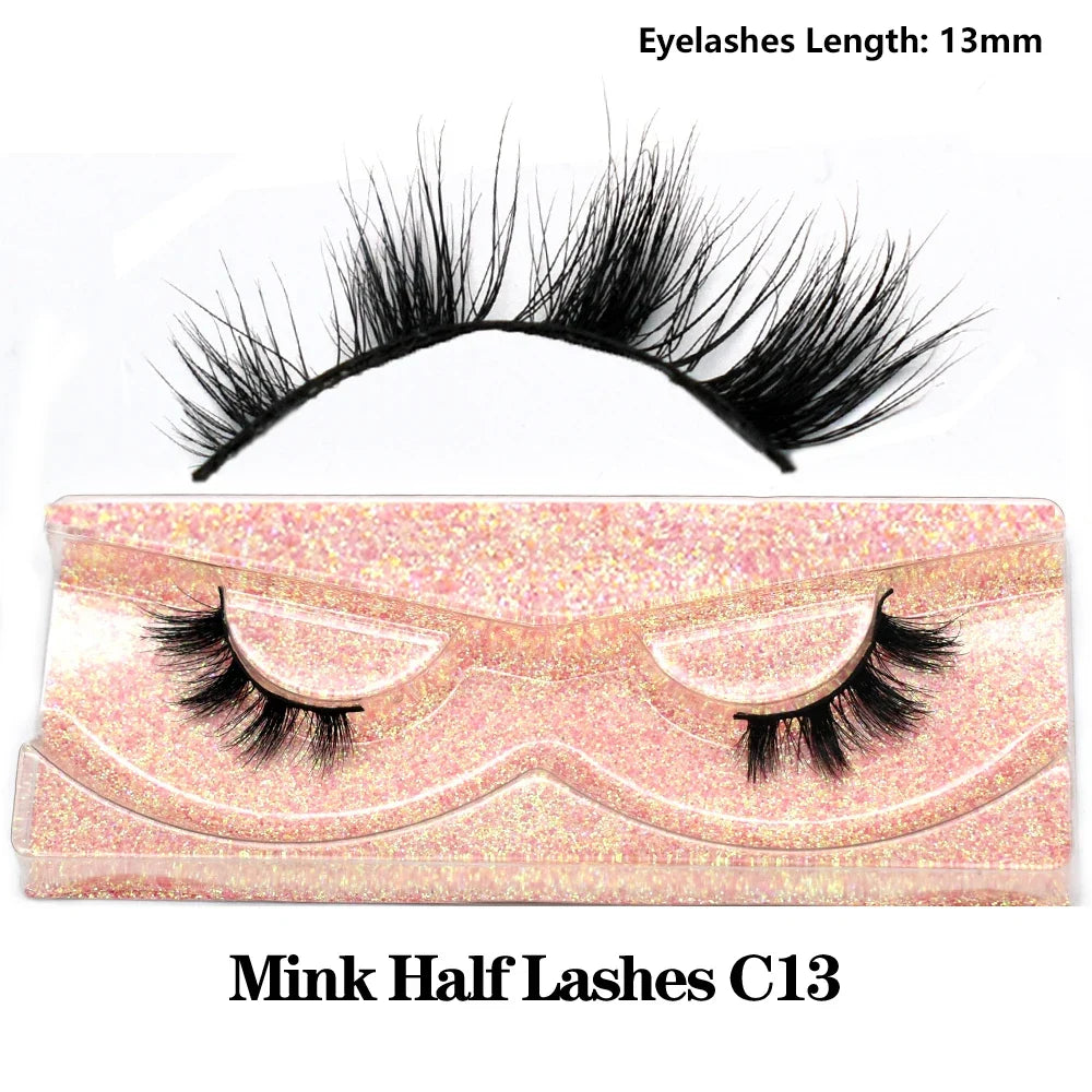 Blushimmer 3D Mink Fluffy Half False Eyelashes showing natural, soft, lightweight lash extension with clear band, reusable short eye strip