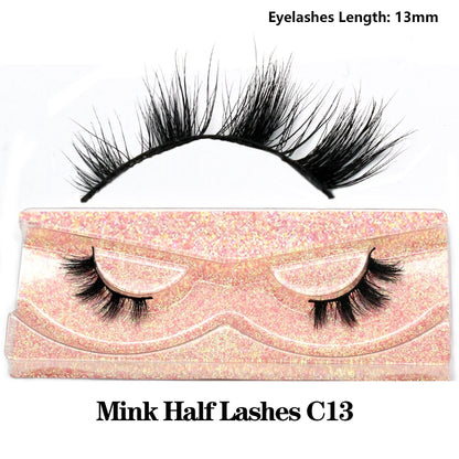 Blushimmer 3D Mink Fluffy Half False Eyelashes showing natural, soft, lightweight lash extension with clear band, reusable short eye strip