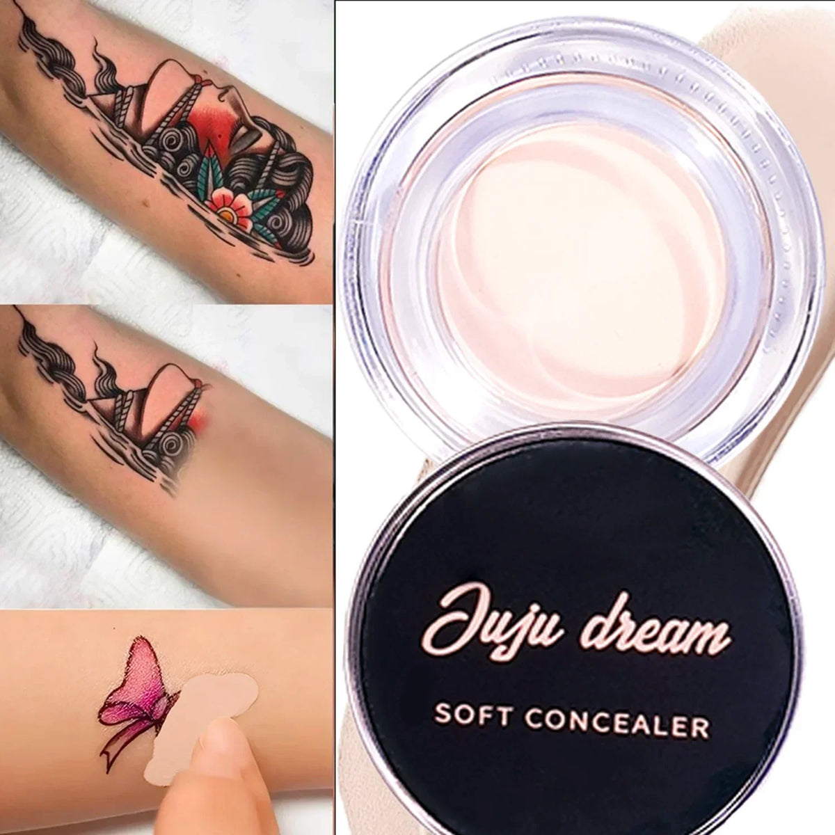 Blushimmer waterproof concealer with full coverage, natural matte finish, hiding tattoos, scars, blemishes on all skin tones.
