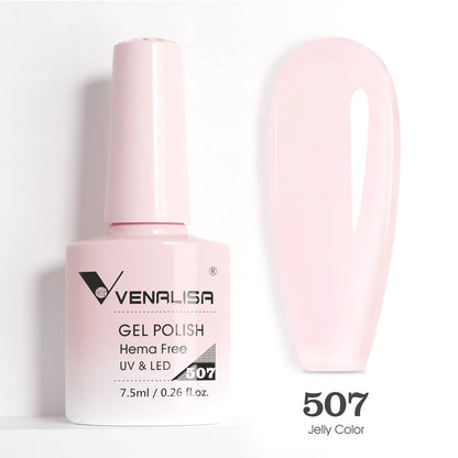 Venalisa Blushimmer glitter gel polish in pink nude, full coverage soak-off UV LED French nail jelly, showcasing glossy finish.