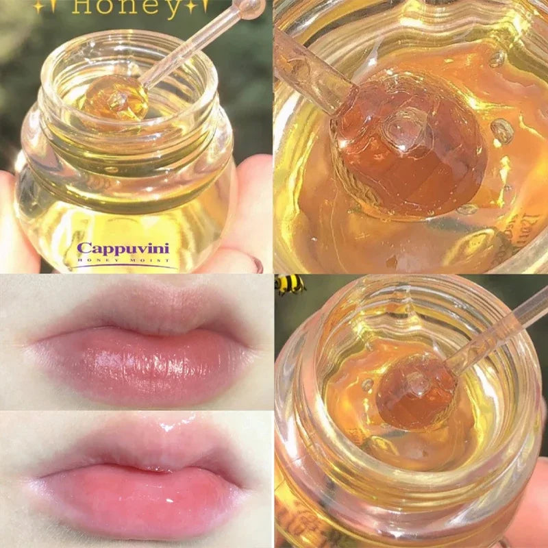 Blushimmer transparent honey lip mask in a jar, designed to moisturize, lighten lip lines, and enhance lip care.